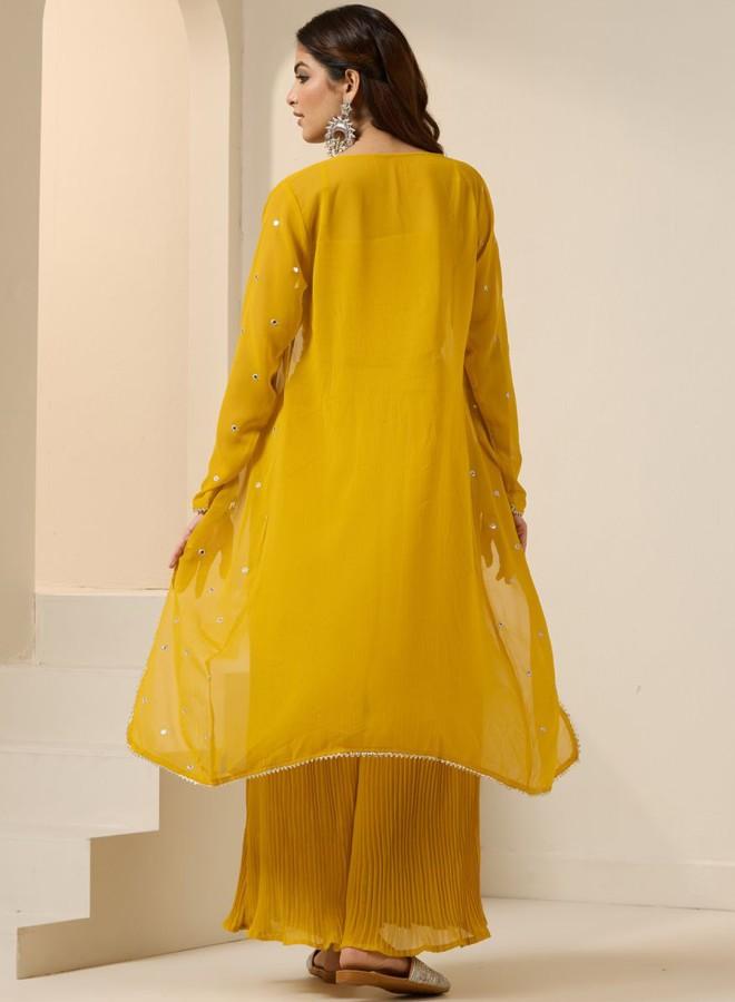 ISHIN Women'S Yellow Georgette Embroidered Tunic Full Length Palazzo Straight Fit Co Ords - Image 5
