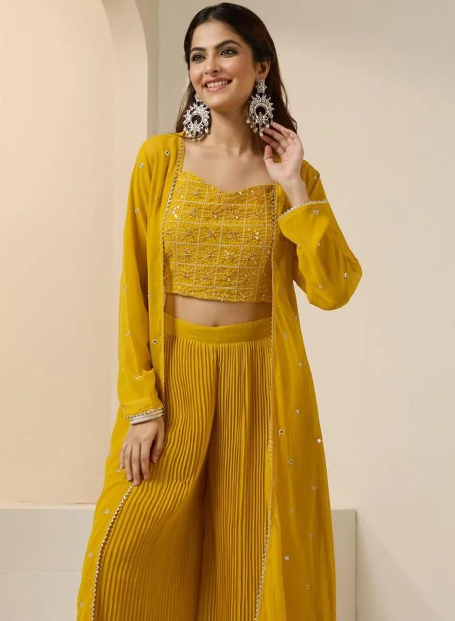 ISHIN Women'S Yellow Georgette Embroidered Tunic Full Length Palazzo Straight Fit Co Ords