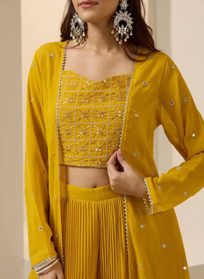 ISHIN Women'S Yellow Georgette Embroidered Tunic Full Length Palazzo Straight Fit Co Ords - Image 2