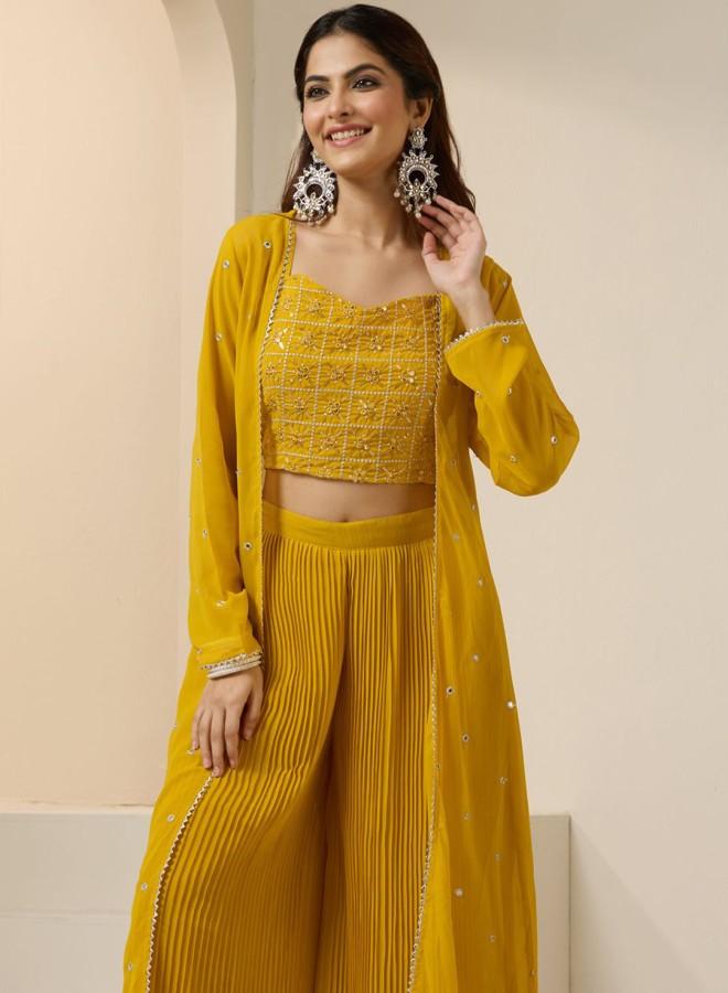 ISHIN Women'S Yellow Georgette Embroidered Tunic Full Length Palazzo Straight Fit Co Ords - Image 1