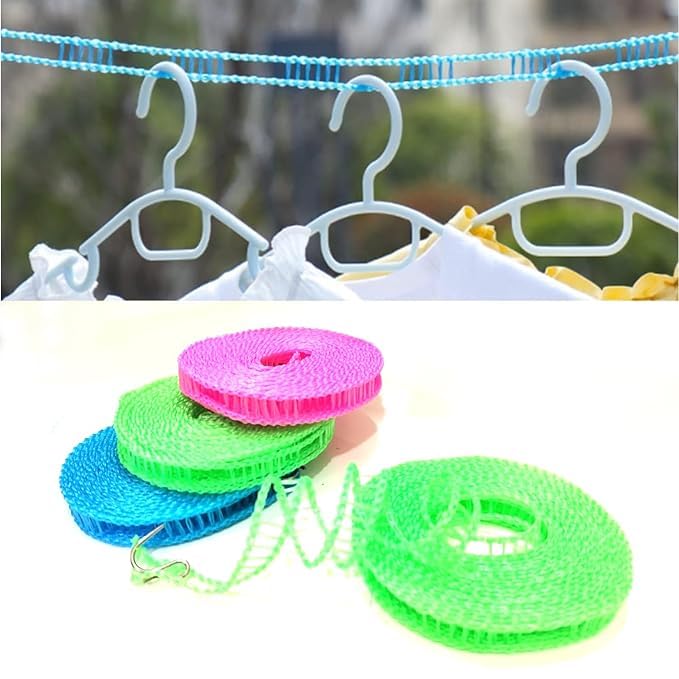 QUMAZZ Washing Line 5M NonSlip and Windproof Clothes Line Portable Washing Line with 2 Stainless Hooks FenceLike Rope Washing Line for Indoor Outdoor Camping TravelingPack of 3 - Image 1