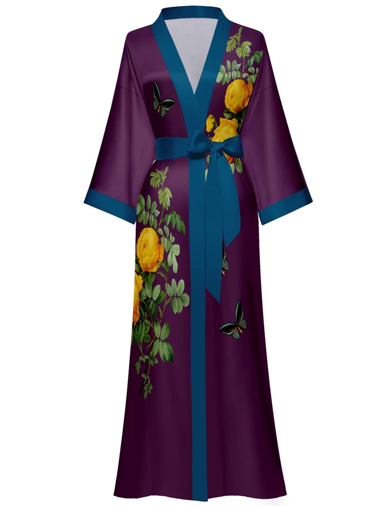 Kihnop Women's Floral Long Kimono Robe Long Satin Robe Long Silk Robe Ladies Kimonos Silky Bathrobe Cover Up, One Size - Image 1