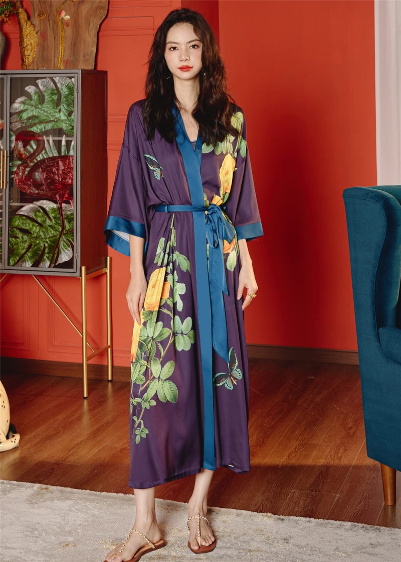Kihnop Women's Floral Long Kimono Robe Long Satin Robe Long Silk Robe Ladies Kimonos Silky Bathrobe Cover Up, One Size - Image 3