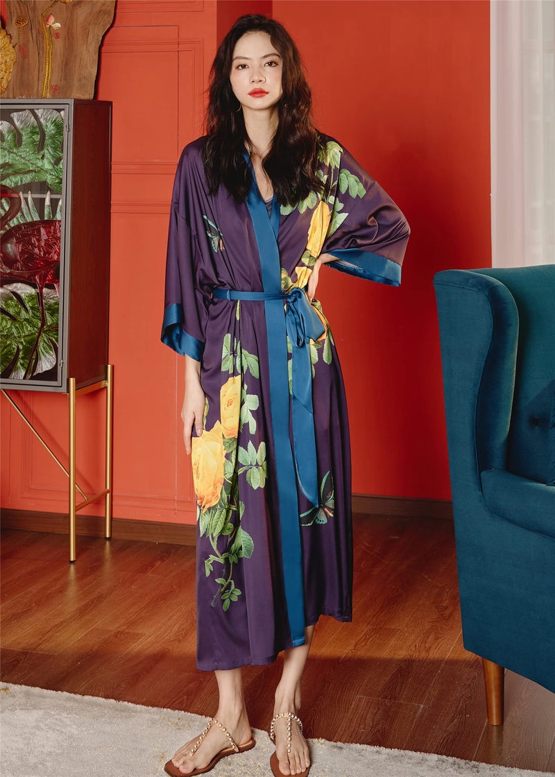Kihnop Women's Floral Long Kimono Robe Long Satin Robe Long Silk Robe Ladies Kimonos Silky Bathrobe Cover Up, One Size - Image 4