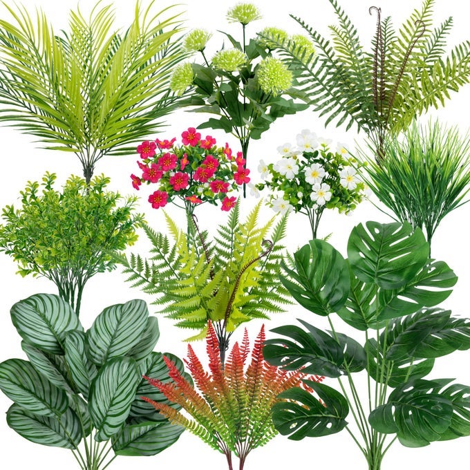 20 PCS ARTIFICIAL PLANTS OUTDOOR FAKE UV RESISTANT ARTIFICIAL FLOWERS GREENERY STEMS BOSTON FERN FAUX SHRUBS PLASTIC PLANTS FOR GARDEN PORCH PLANTER WINDOW BOX HOME DECOR