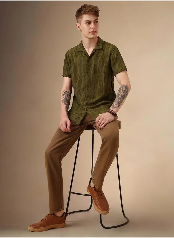 دينيس لينغو Relaxed Fit Olive 100% Poly Shirt Cuban Collar