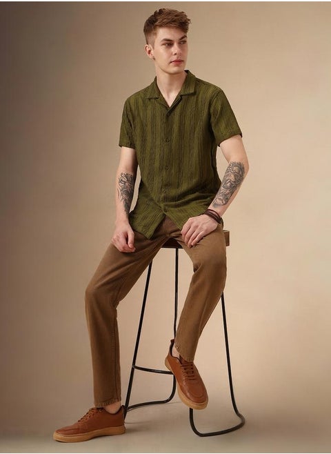 Relaxed Fit Olive 100% Poly Shirt Cuban Collar