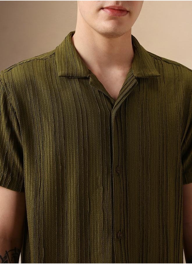 Relaxed Fit Olive 100% Poly Shirt Cuban Collar
