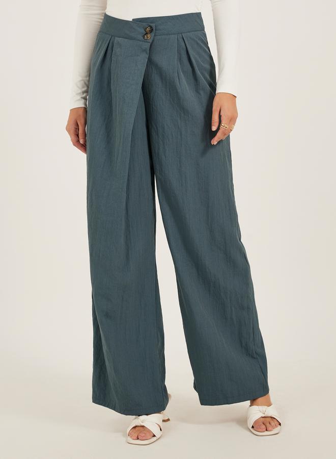 Styli Solid Twill Pleated Wide Leg Pants with Cross Waistband - Image 2