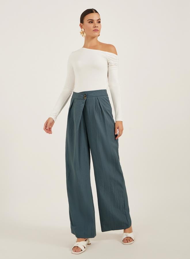 Styli Solid Twill Pleated Wide Leg Pants with Cross Waistband - Image 1