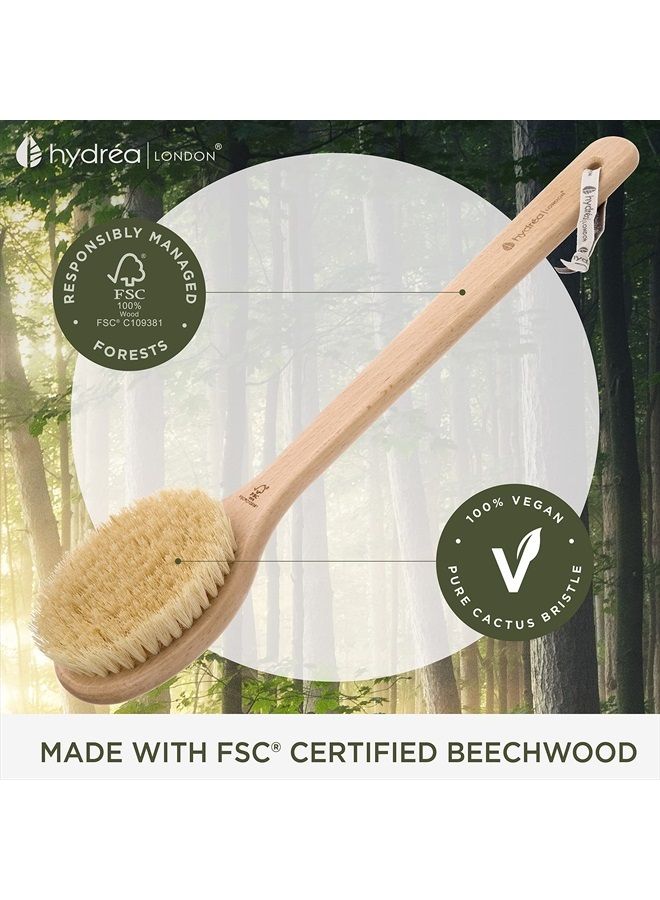 Hydrea London Dry Body Brush – Long Handled Exfoliating Dry Skin Brush with Vegan Cactus Bristle, Dry Brush Cellulite Remover, Exfoliating Body Scrubber, Helps Improve Lymphatic Drainage - FSC® Certif - Image 3