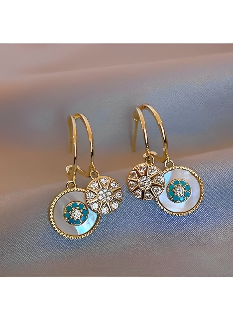 REOCLE - Women's Seashell Circle Earrings S925 Hypoallergenic Zirconia Earrings Vintage Gold Round Coin Drop Earrings with Boho Style - Image 1