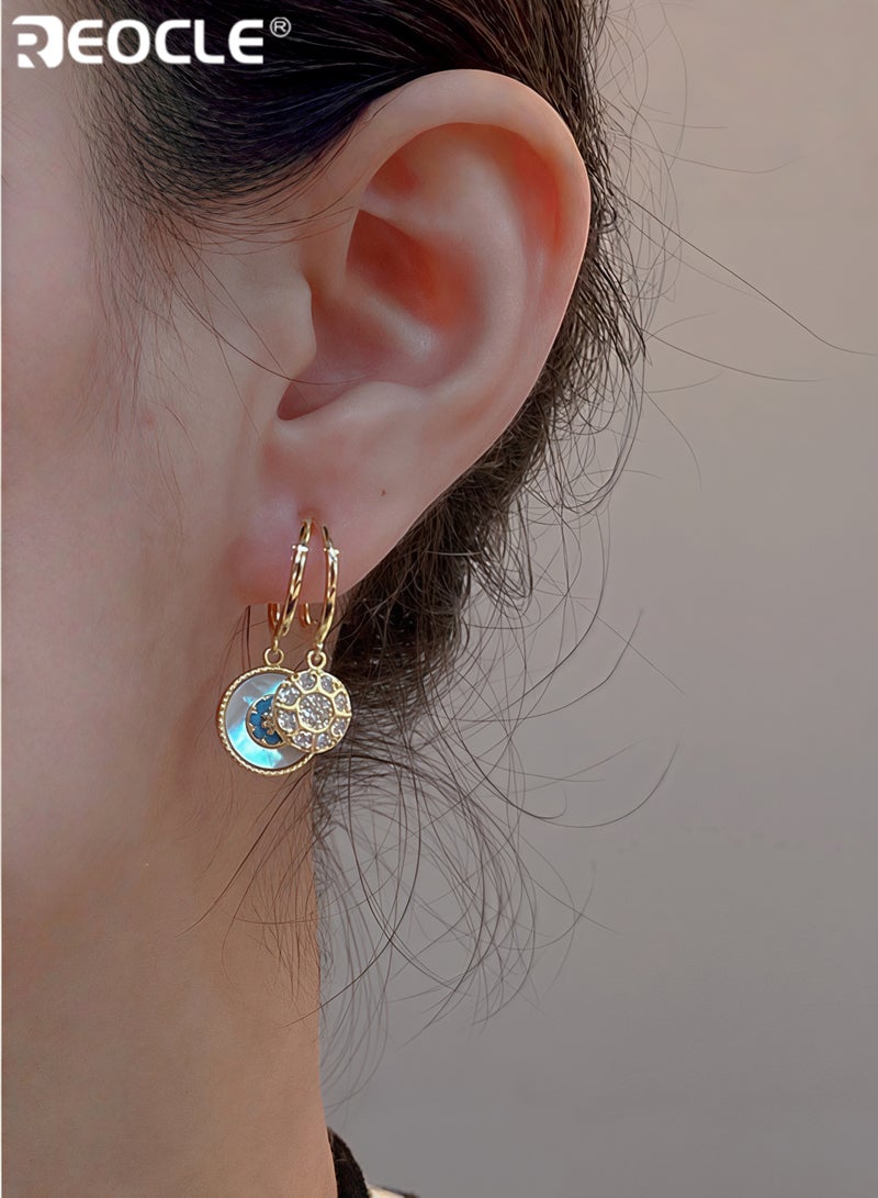 REOCLE Women's Seashell Circle Earrings S925 Hypoallergenic Zirconia Earrings Vintage Gold Round Coin Drop Earrings with Boho Style - Image 2