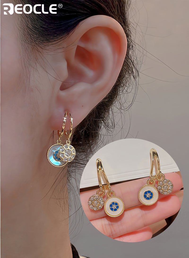 REOCLE Women's Seashell Circle Earrings S925 Hypoallergenic Zirconia Earrings Vintage Gold Round Coin Drop Earrings with Boho Style - Image 1