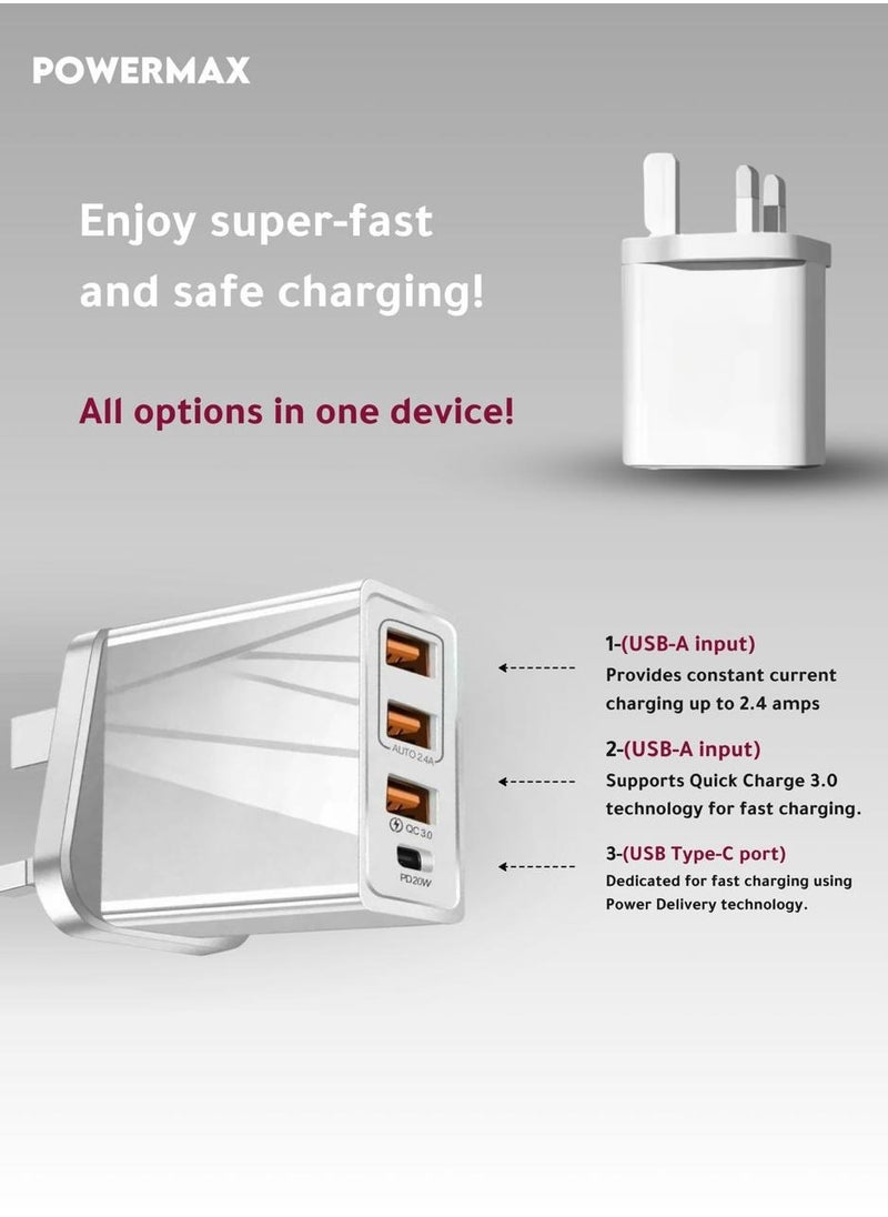 Powermax 65W, 4 Port Wall Charger Adapter - Features GAN Power, USB-C/A Ports, and Fast, Safe Charging with Integrated Protection Against Overheating and Overvoltage. Compatible with Apple and Android Devices