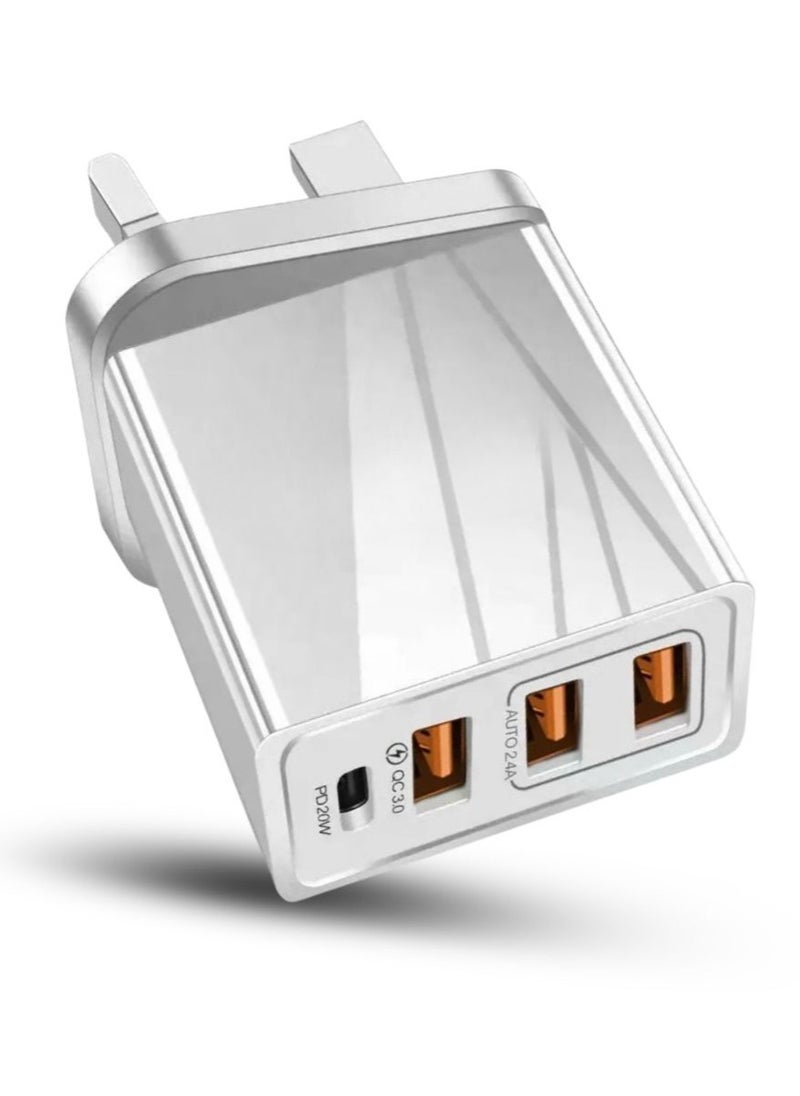 Powermax 65W, 4 Port Wall Charger Adapter - Features GAN Power, USB-C/A Ports, and Fast, Safe Charging with Integrated Protection Against Overheating and Overvoltage. Compatible with Apple and Android Devices