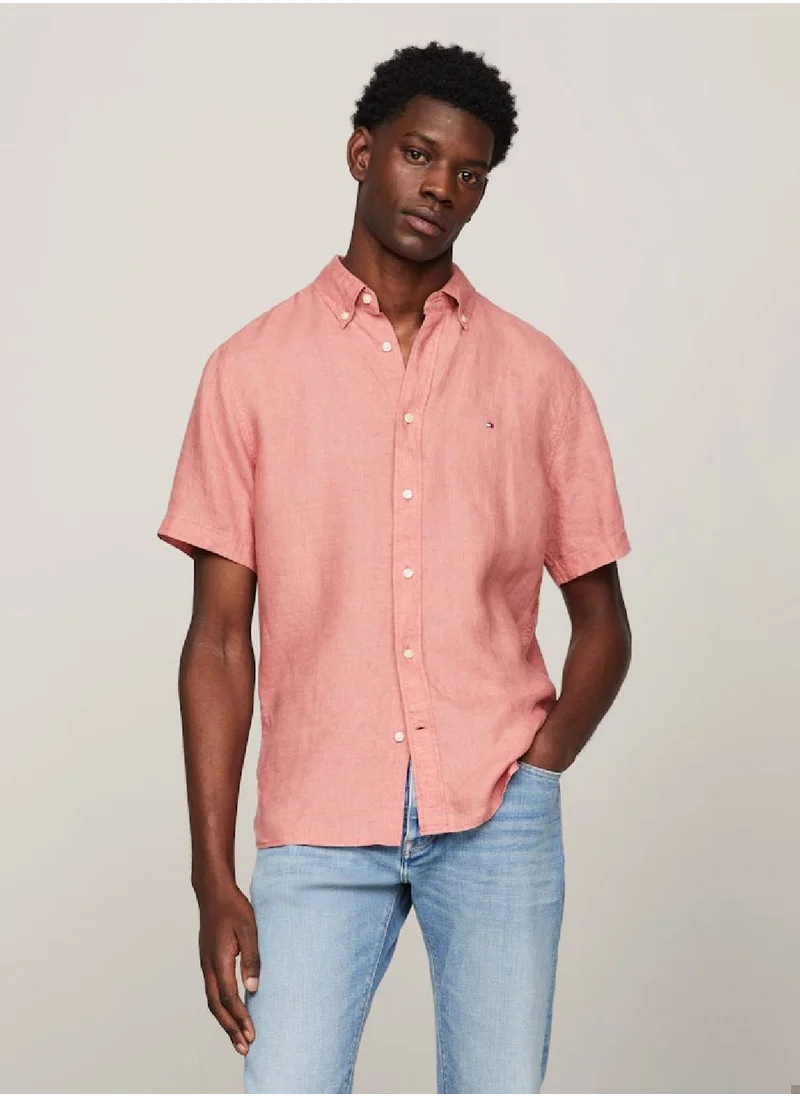 TOMMY HILFIGER Men's Short Sleeve Regular Fit Linen Shirt -  Pure linen, Pink