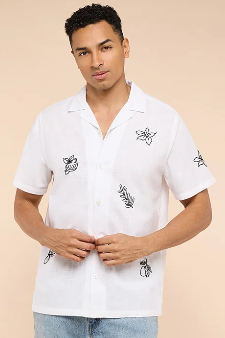 R&B Embroidered Shirt with Revere Collar and Short Sleeves