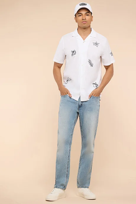 R&B Embroidered Shirt with Revere Collar and Short Sleeves