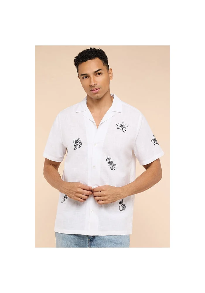 أر أند بي Embroidered Shirt with Revere Collar and Short Sleeves