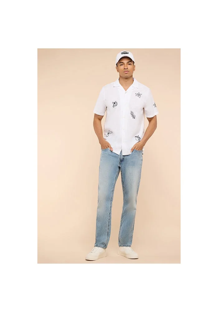 أر أند بي Embroidered Shirt with Revere Collar and Short Sleeves