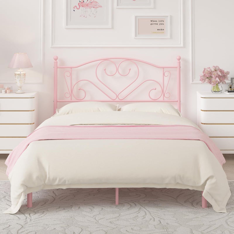 Weehom Full Size Bed Frame with Headboard Heavy Duty Metal Platform Under Bed Storage Space No Box Spring Needed Pink
