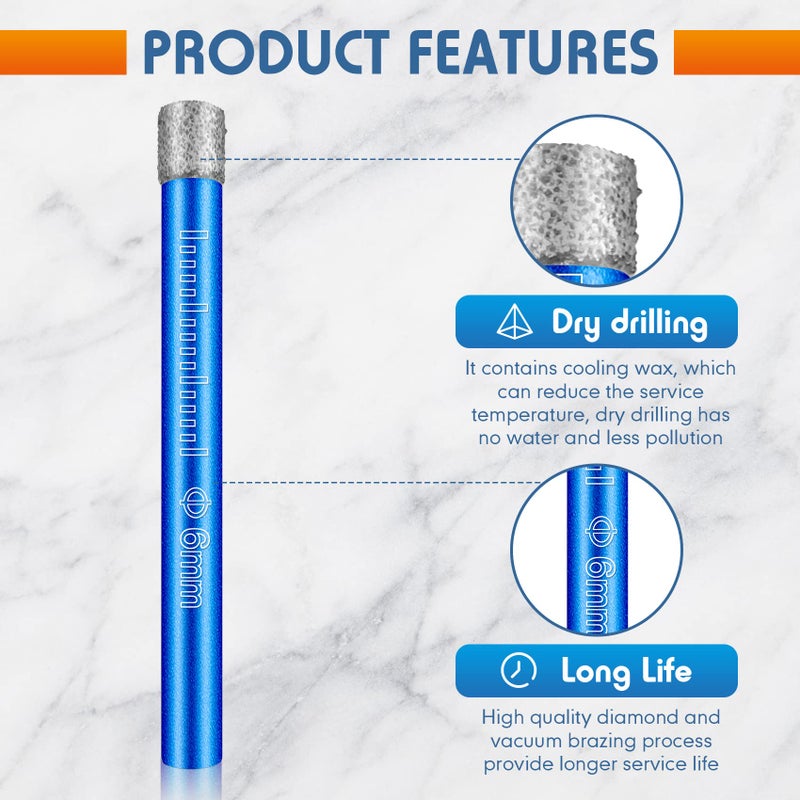 Holimax Dry Diamond Drill Bits Set 10 PCs 1/4" 6mm Small Diamond Hole Saw Kit for Granite Marble Porcelain Tile Ceramic Stone Glass Hard Materials (not for Wood) Round Shank - Image 4