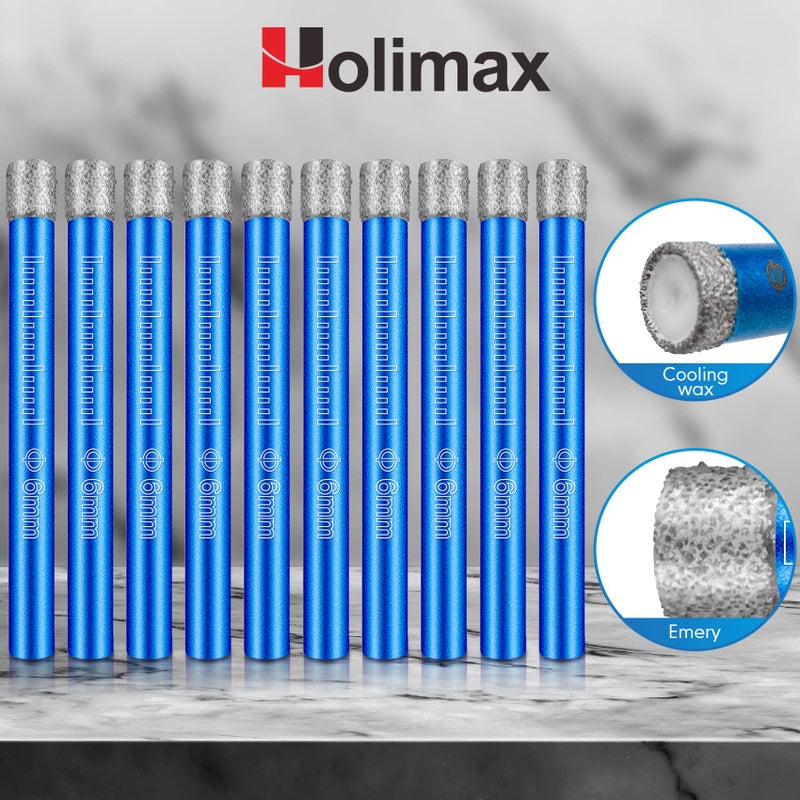 Holimax Dry Diamond Drill Bits Set 10 PCs 1/4" 6mm Small Diamond Hole Saw Kit for Granite Marble Porcelain Tile Ceramic Stone Glass Hard Materials (not for Wood) Round Shank - Image 5