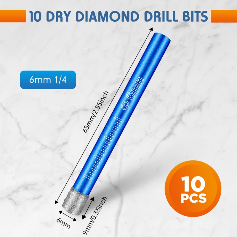 Holimax Dry Diamond Drill Bits Set 10 PCs 1/4" 6mm Small Diamond Hole Saw Kit for Granite Marble Porcelain Tile Ceramic Stone Glass Hard Materials (not for Wood) Round Shank - Image 2