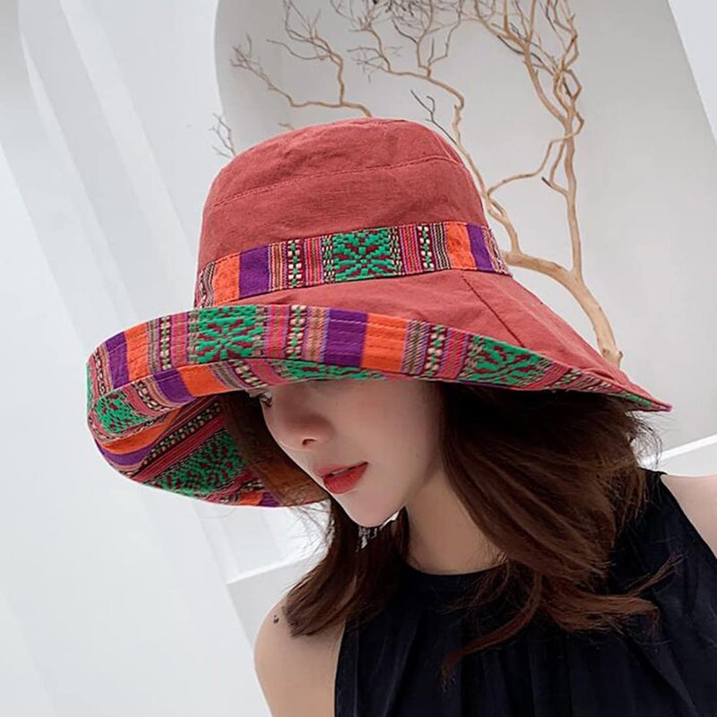 HUAMULAN Women Bohemian Wide Brim Sun Hats Wired Edge Summer UPF Hat for Beach Hiking Garden Travel Lawn Work Chin Strap - Image 4