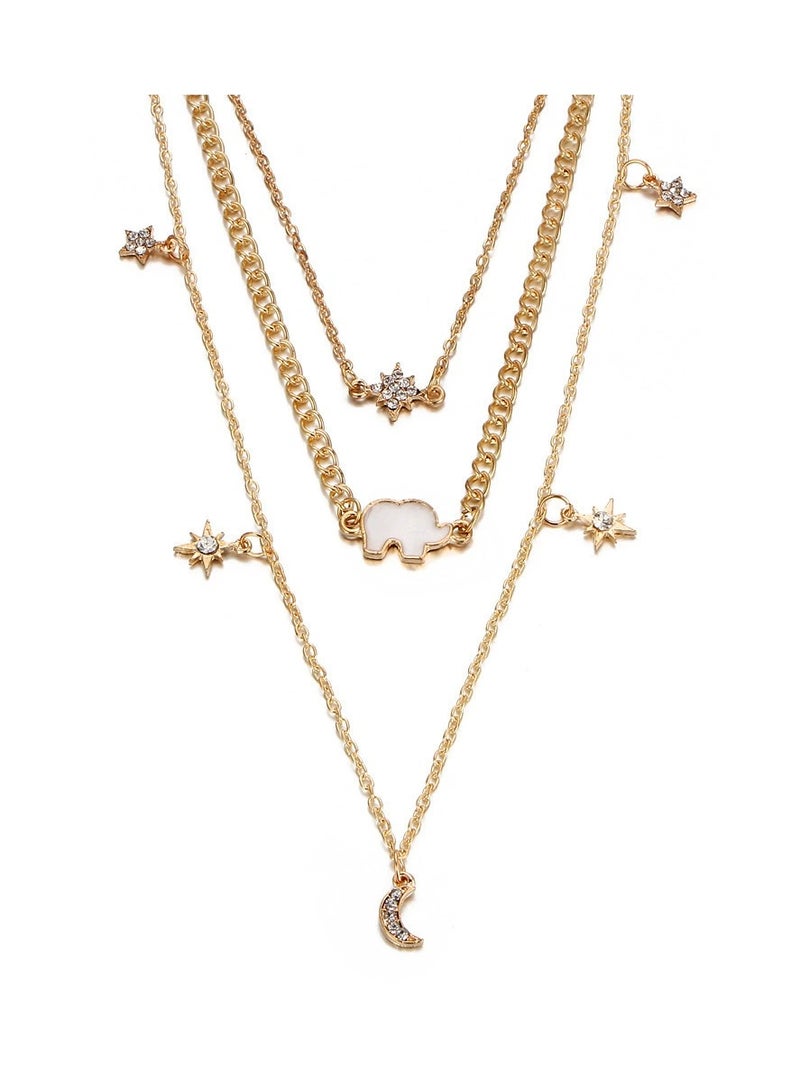 Goolsky Boho Multi-Layer Necklace for Women – Moon, Star & Elephant Pendant Choker, Bohemian Style
