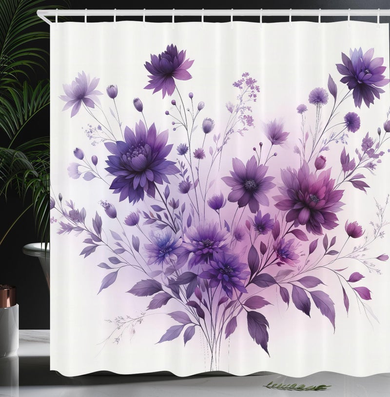 Ambesonne Purple Shower Curtain  Avant-Garde Blossoming Wild Flowers Bouquet in Monochromatic Tones Print  Cloth Fabric Bathroom Decor Set with Hooks  69"" W x 70"" L  Lilac and Blue Violet - Image 1