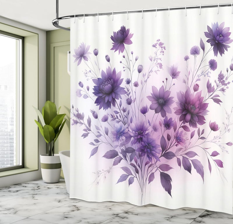 Ambesonne Purple Shower Curtain  Avant-Garde Blossoming Wild Flowers Bouquet in Monochromatic Tones Print  Cloth Fabric Bathroom Decor Set with Hooks  69"" W x 70"" L  Lilac and Blue Violet - Image 2