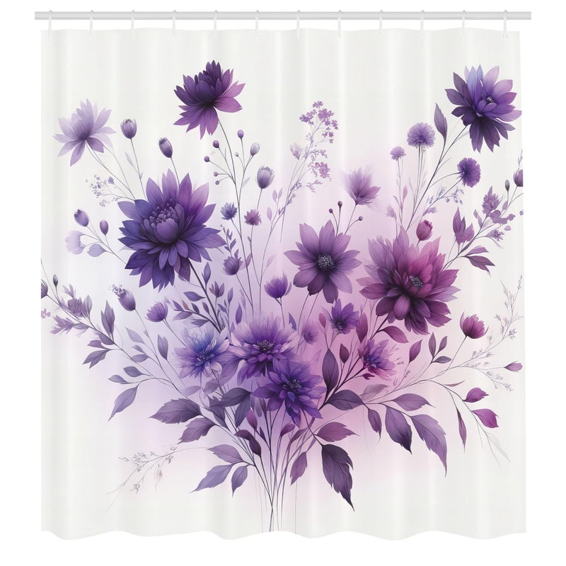 Ambesonne Purple Shower Curtain  Avant-Garde Blossoming Wild Flowers Bouquet in Monochromatic Tones Print  Cloth Fabric Bathroom Decor Set with Hooks  69"" W x 70"" L  Lilac and Blue Violet - Image 4