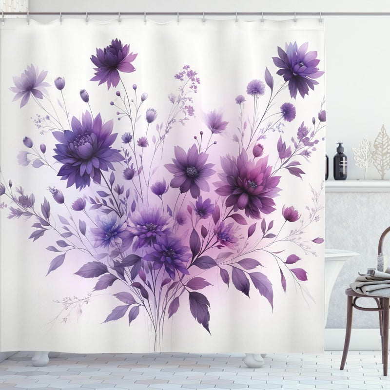 Ambesonne Purple Shower Curtain  Avant-Garde Blossoming Wild Flowers Bouquet in Monochromatic Tones Print  Cloth Fabric Bathroom Decor Set with Hooks  69"" W x 70"" L  Lilac and Blue Violet - Image 3