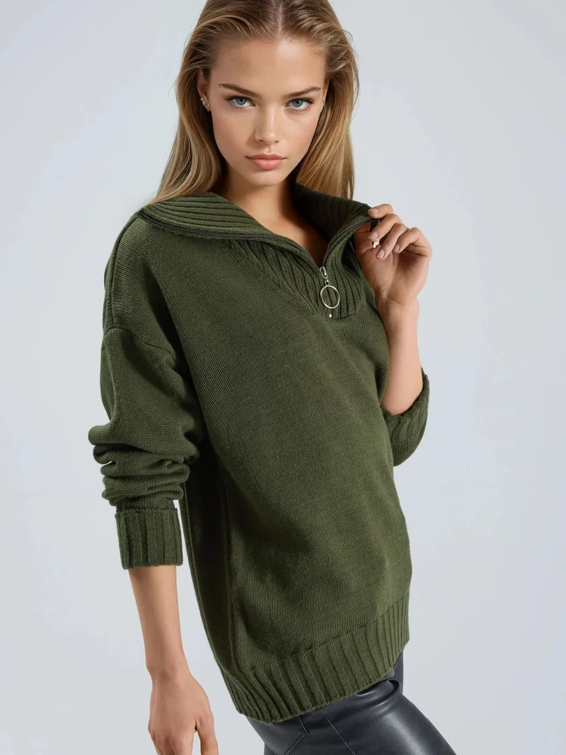My Fashion Khaki Green MY FASHION Oversized Ribbed Knit Sweater with Zipper Collar for Women | Best Price UAE