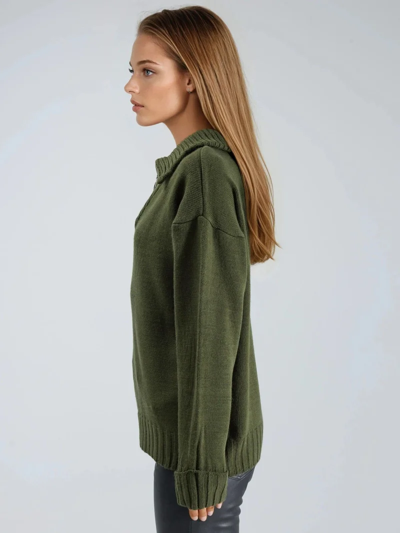 My Fashion Khaki Green MY FASHION Oversized Ribbed Knit Sweater with Zipper Collar for Women | Best Price UAE