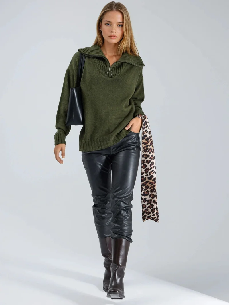My Fashion Khaki Green MY FASHION Oversized Ribbed Knit Sweater with Zipper Collar for Women | Best Price UAE