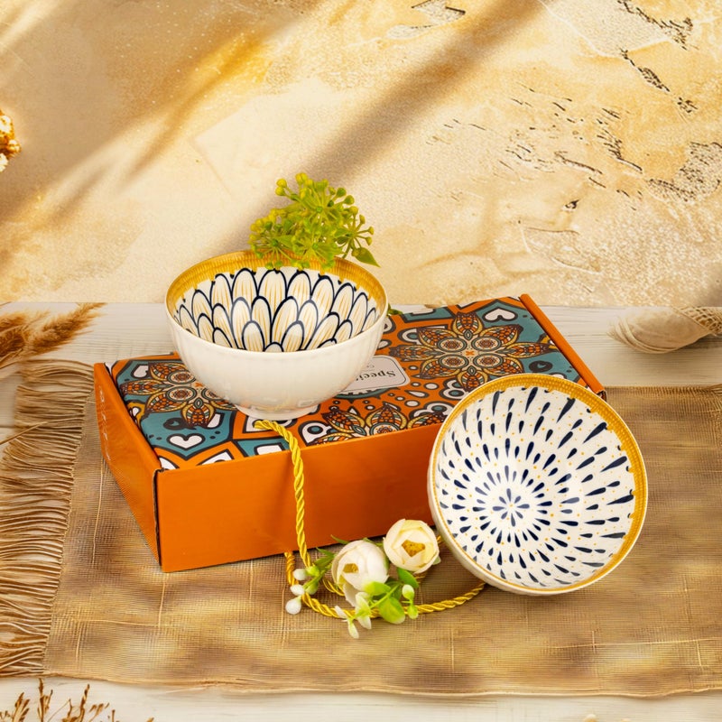 Lupro Ceramic Serving Bowl Microwave Oven Safe Multipurpose for Soup Snacks Pasta Curd Dessert with Aesthetic Vintage Mandala Design Home Kitchen Dining Gift (Set of 2, 310ml) - Image 4