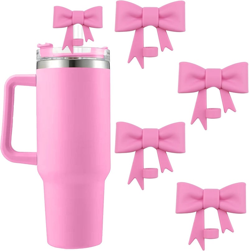 Hpebl 4Pcs Silicone Straw Toppers Covers for Stanley Cups 40/30oz 10mm(0.4in) Dust-Proof Bow Straw Covers Toppers Suitbale for Stanley Cup Accessories Reusable Straws Caps (Peony Pink) - Image 1