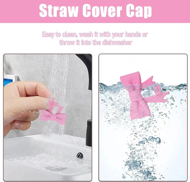 Hpebl 4Pcs Silicone Straw Toppers Covers for Stanley Cups 40/30oz 10mm(0.4in) Dust-Proof Bow Straw Covers Toppers Suitbale for Stanley Cup Accessories Reusable Straws Caps (Peony Pink) - Image 3