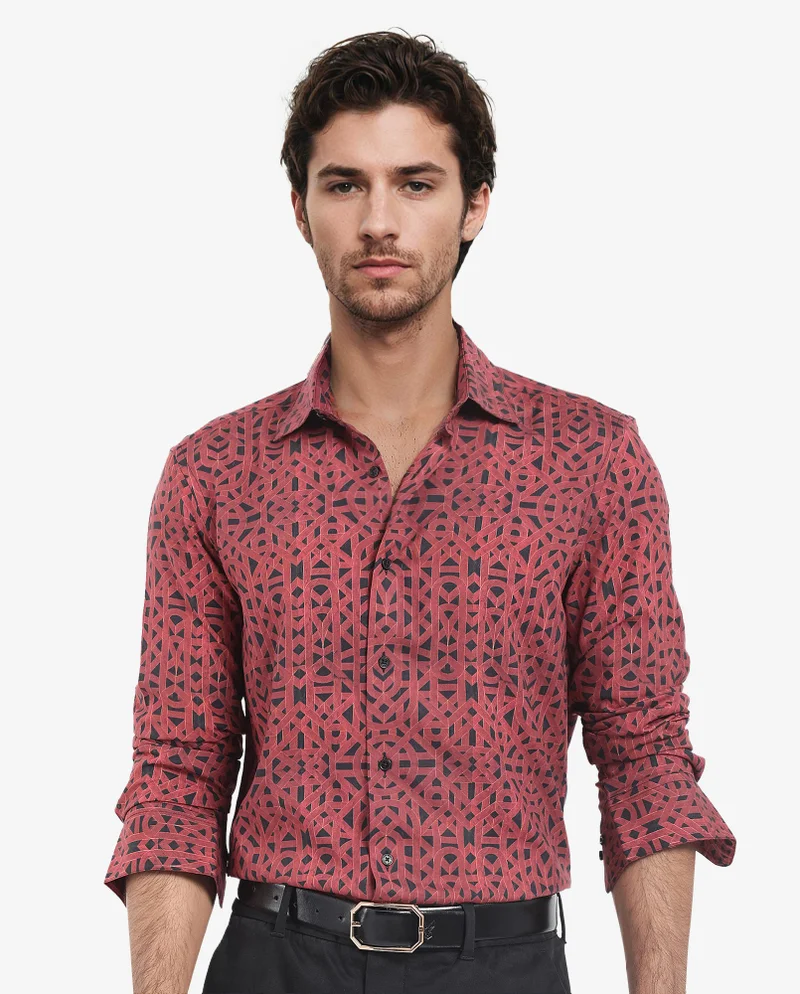 Rare Rabbit Rare Rabbit Men's Betel Dark Red Viscose Fabric Full Sleeve Regular Fit Geometric Print Shirt