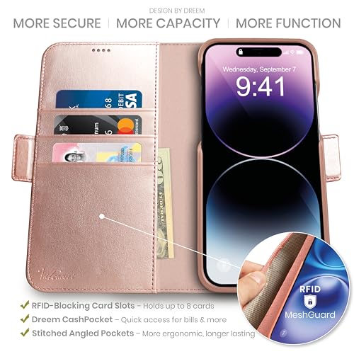 Dreem Wallet Case for iPhone 14 Pro 2 Way Phone Stand Magnetic Detachable Vegan Leather Flip Cover RFID Blocking Card Holder MagSafeFit Gift Box Fibonacci Rose - Image 3
