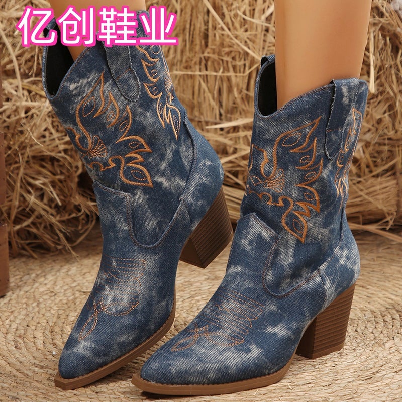 2025 Fashion Spot Western Cowboy Boots Export Large Size Pointed Toe Slip-On Thick Heel Short Boots - Image 1