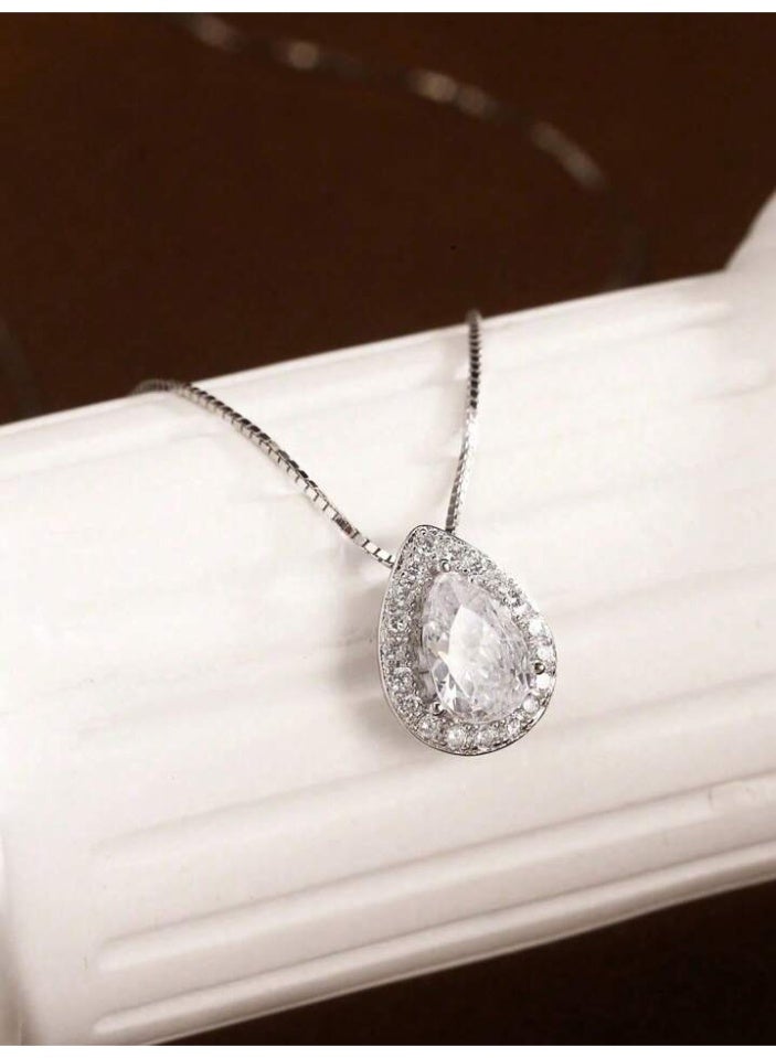 925 Sterling Silver Charms Delicate Luxurious Pendant Necklace Made Of 925 Sterling Silver With High Quality And Precision In The Shape Of A Water Drop With A Large Clear Crystal Stone In The Middle Surrounded By A Frame Of Small Shiny Crystal Stones Made Of Natural Zircon To Give A Wonderful Look To The Princess She Deserves - Image 3