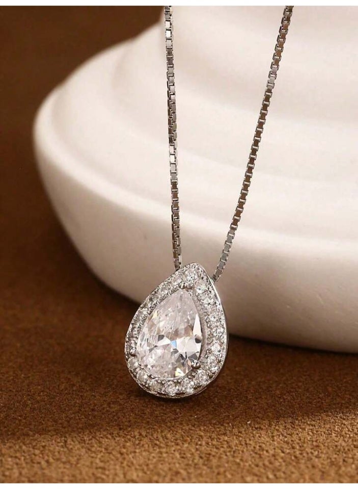 925 Sterling Silver Charms Delicate Luxurious Pendant Necklace Made Of 925 Sterling Silver With High Quality And Precision In The Shape Of A Water Drop With A Large Clear Crystal Stone In The Middle Surrounded By A Frame Of Small Shiny Crystal Stones Made Of Natural Zircon To Give A Wonderful Look To The Princess She Deserves - Image 2