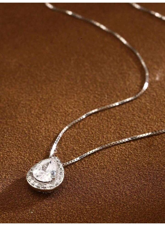 925 Sterling Silver Charms Delicate Luxurious Pendant Necklace Made Of 925 Sterling Silver With High Quality And Precision In The Shape Of A Water Drop With A Large Clear Crystal Stone In The Middle Surrounded By A Frame Of Small Shiny Crystal Stones Made Of Natural Zircon To Give A Wonderful Look To The Princess She Deserves - Image 4