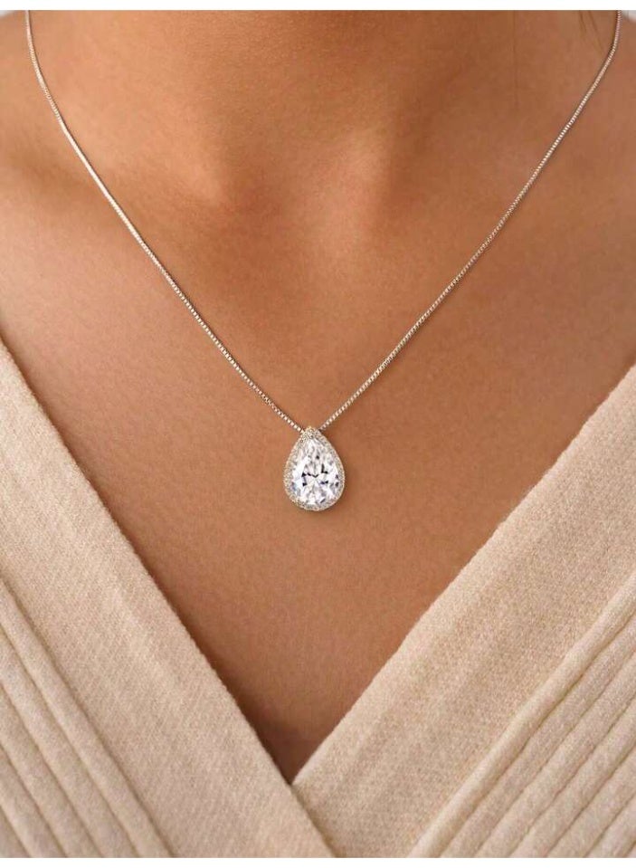 925 Sterling Silver Charms Delicate Luxurious Pendant Necklace Made Of 925 Sterling Silver With High Quality And Precision In The Shape Of A Water Drop With A Large Clear Crystal Stone In The Middle Surrounded By A Frame Of Small Shiny Crystal Stones Made Of Natural Zircon To Give A Wonderful Look To The Princess She Deserves - Image 1
