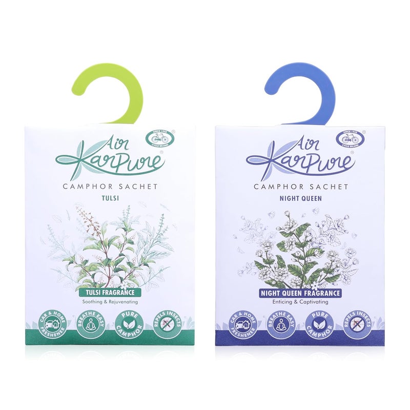 CYCLE كيس كافور نقي - عبوة من 2 | معطر هواء للخزائن، المنزل، المكتب، الحمام، السيارة | ملكة الليل، ثولسي | يدوم كل منها حتى 30 يومًا - Image 1