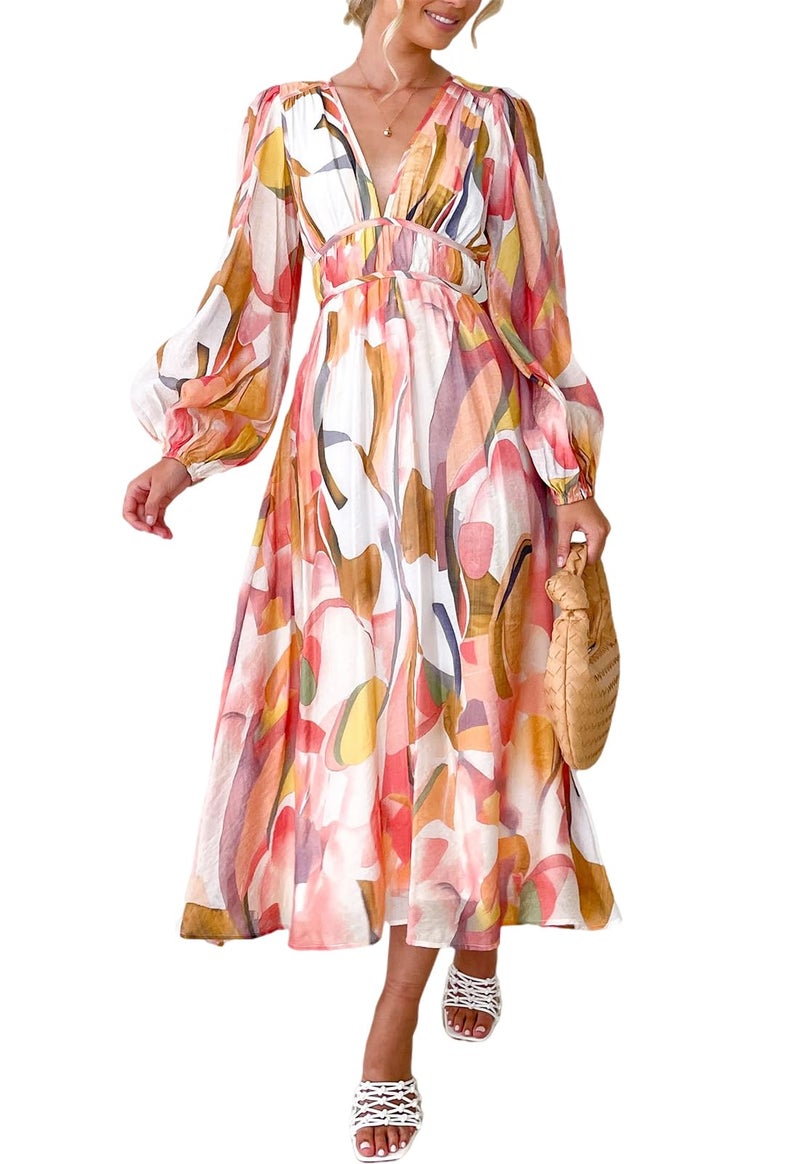 Maxigerui Women's Long Sleeve Floral Maxi Dress Summer Wedding Guest Dress Pink Watercolor S - Image 1